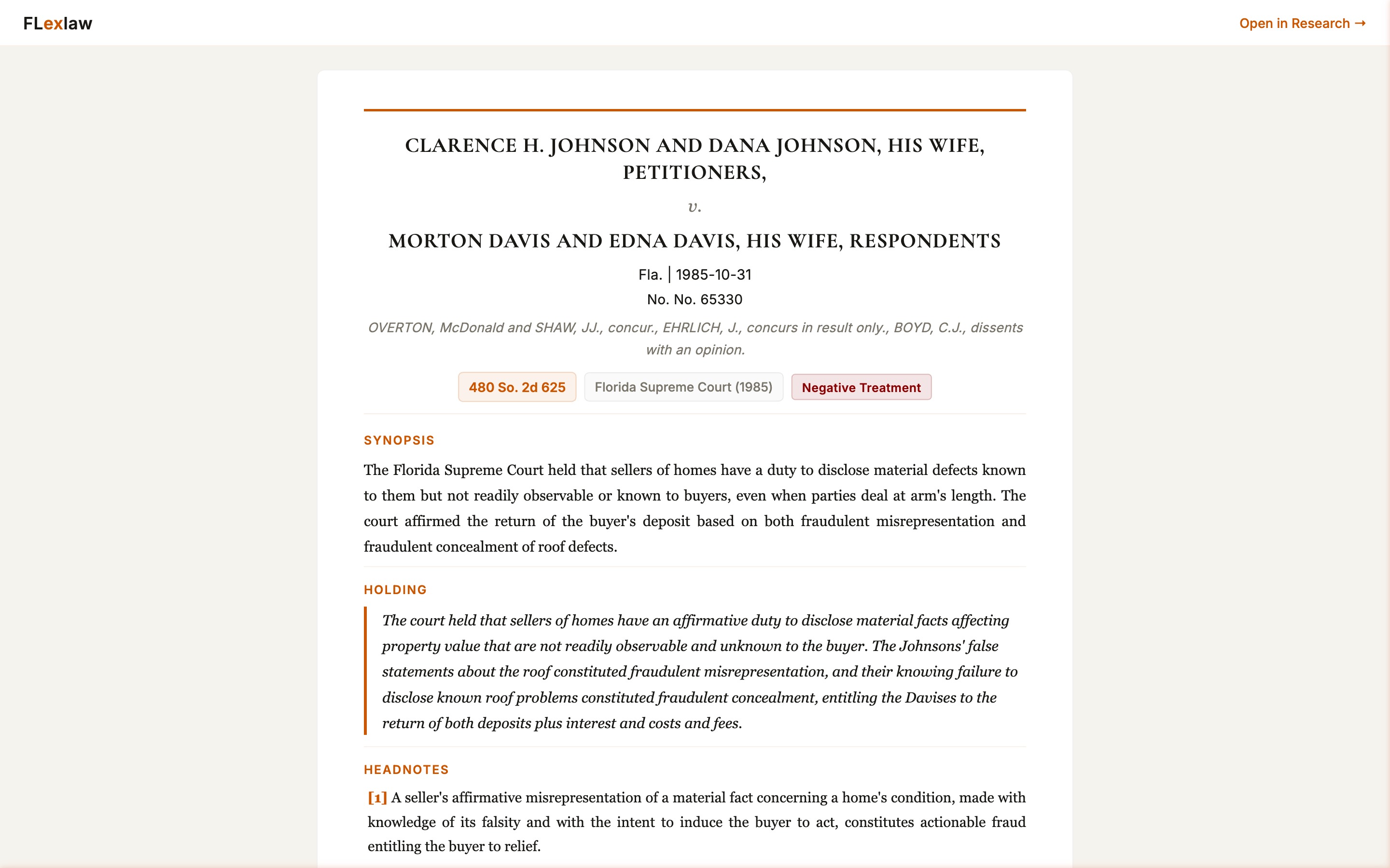 FLexlaw case page for Johnson v. Davis, showing Synopsis, Holding, and numbered Headnotes sections