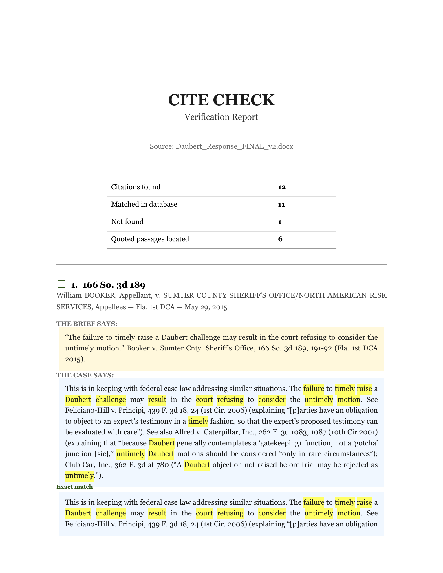 FLexlaw Cite Check verification report showing brief quote on top with primary source text below showing surrounding context and highlighted passages