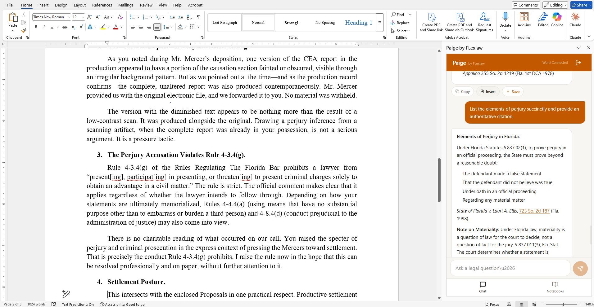 Microsoft Word document open with the Paige by FLexlaw task pane on the right, showing a response listing the elements of perjury under Florida law with H.P. Gordon v. State of Florida citation