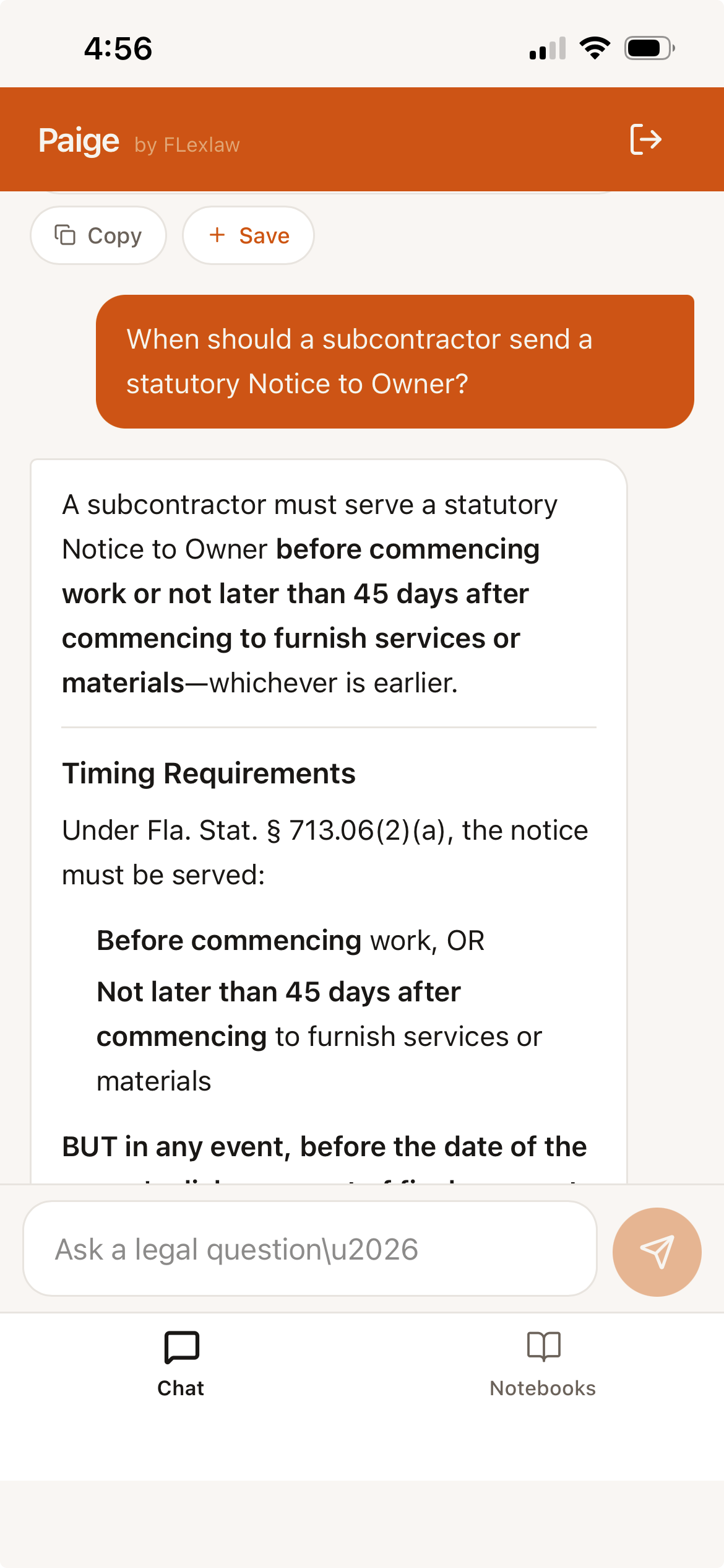 Paige mobile PWA on iPhone — chat answer explaining the 45-day timing requirement for a subcontractor Notice to Owner under Fla. Stat. § 713.06(2)(a)