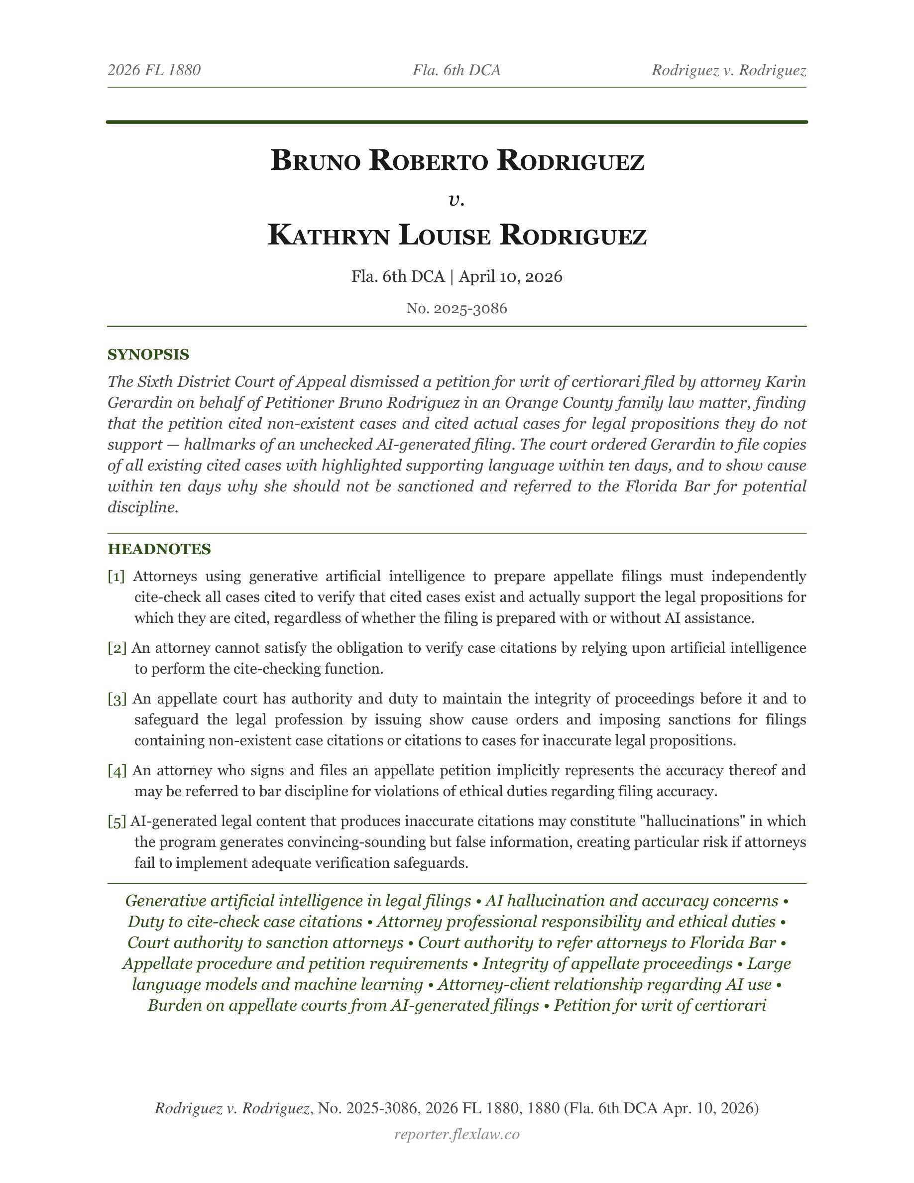 First page of Rodriguez v. Rodriguez from the 2026 FLexlaw Reporter — running header, case caption, synopsis, five headnotes, topic taxonomy, and citation footer